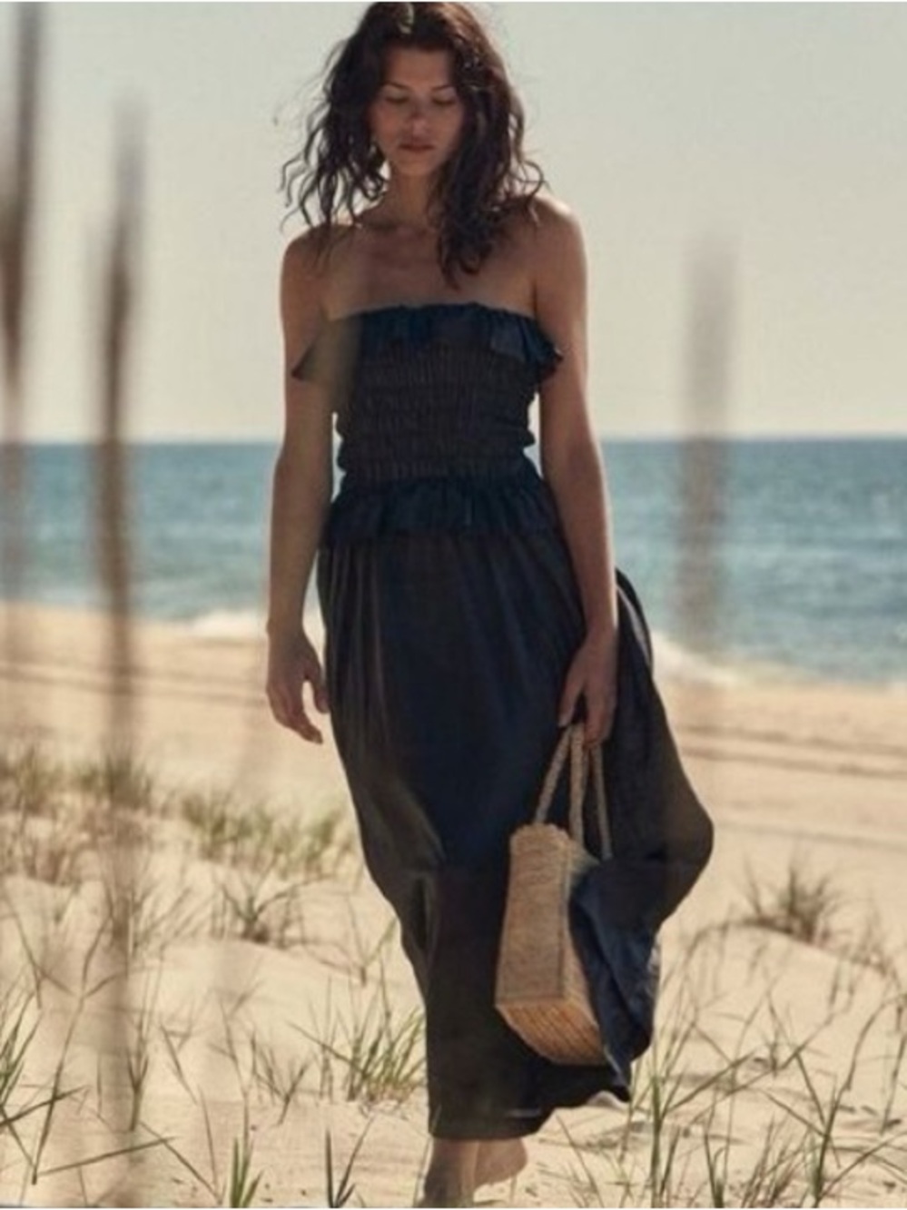 DÔEN Asteria Black Strapless Smocked Ruffled Maxi Dress - XS
